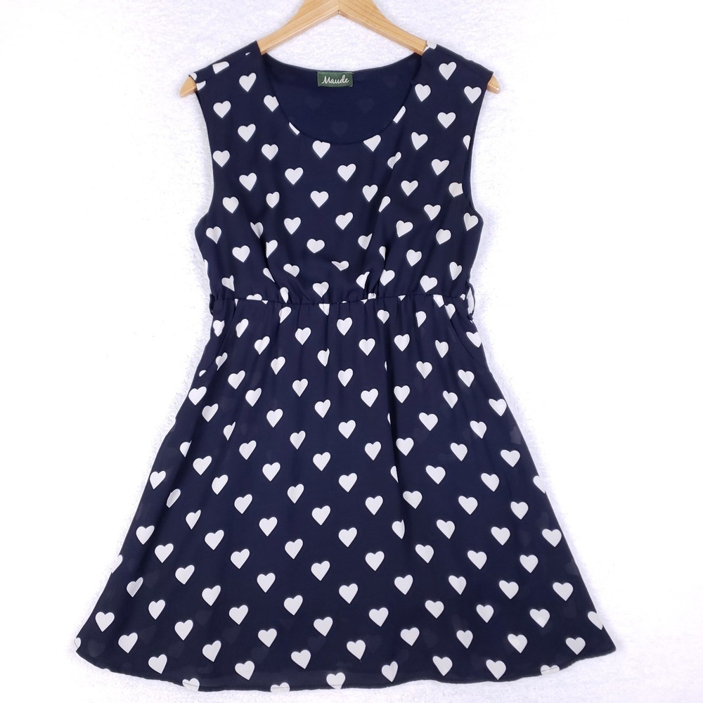 Maude Navy Heart Print Fit & Flare Dress Size Medium Sleeveless Romantic Chic